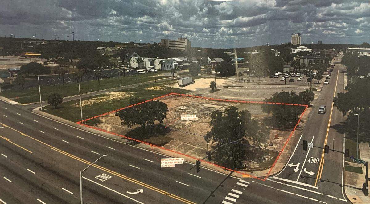 The site map for the new Sharkheads Downtown in Biloxi shows Beach Boulevard to the South and Lameuse Street to the east.