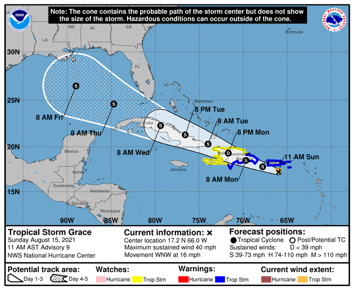Forecast for Tropical Storm Grace as of 11 a.m. Sunday