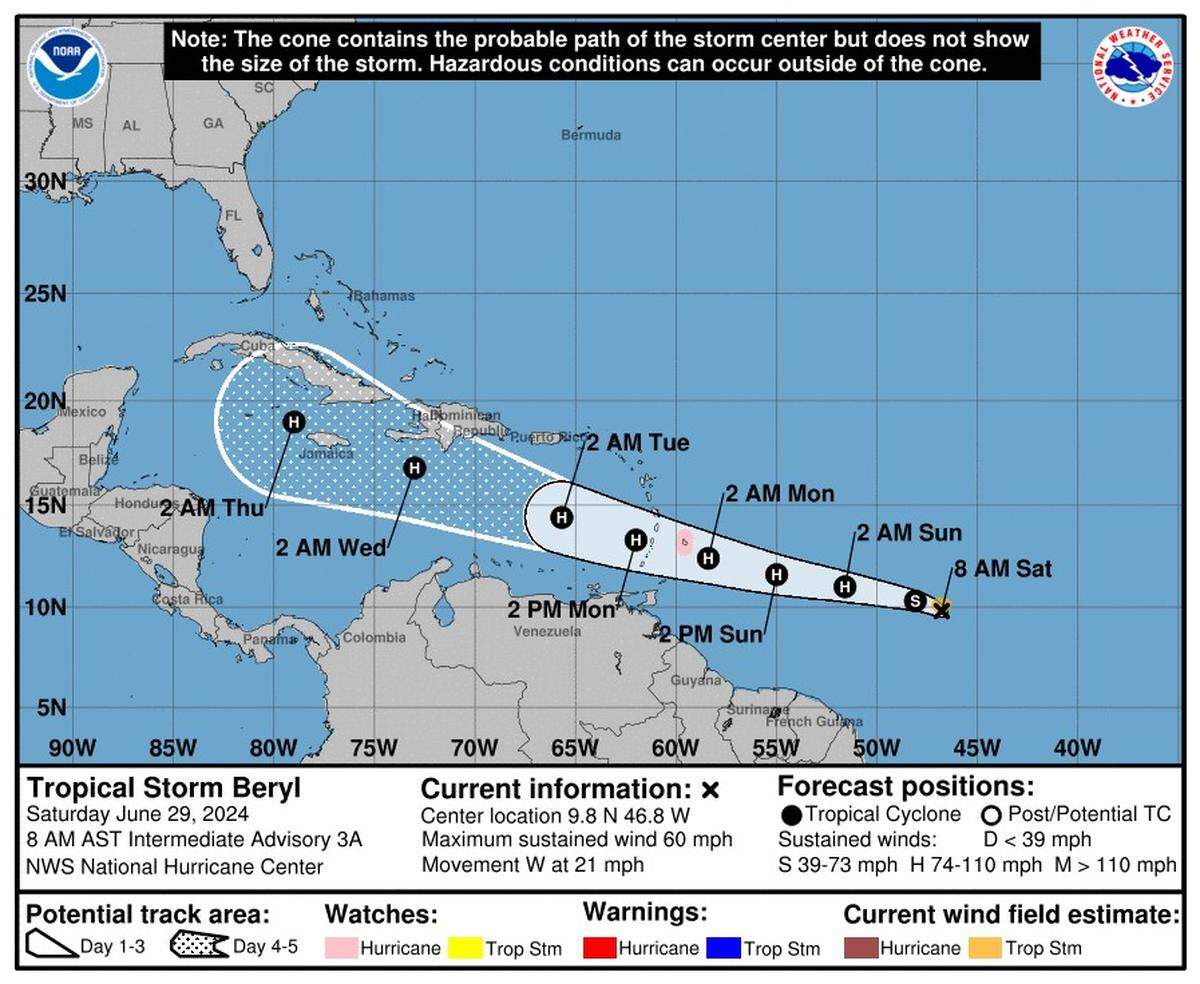 Tropical Storm Beryl strengthened overnight, now boasting maximum sustained winds of 60 mph.