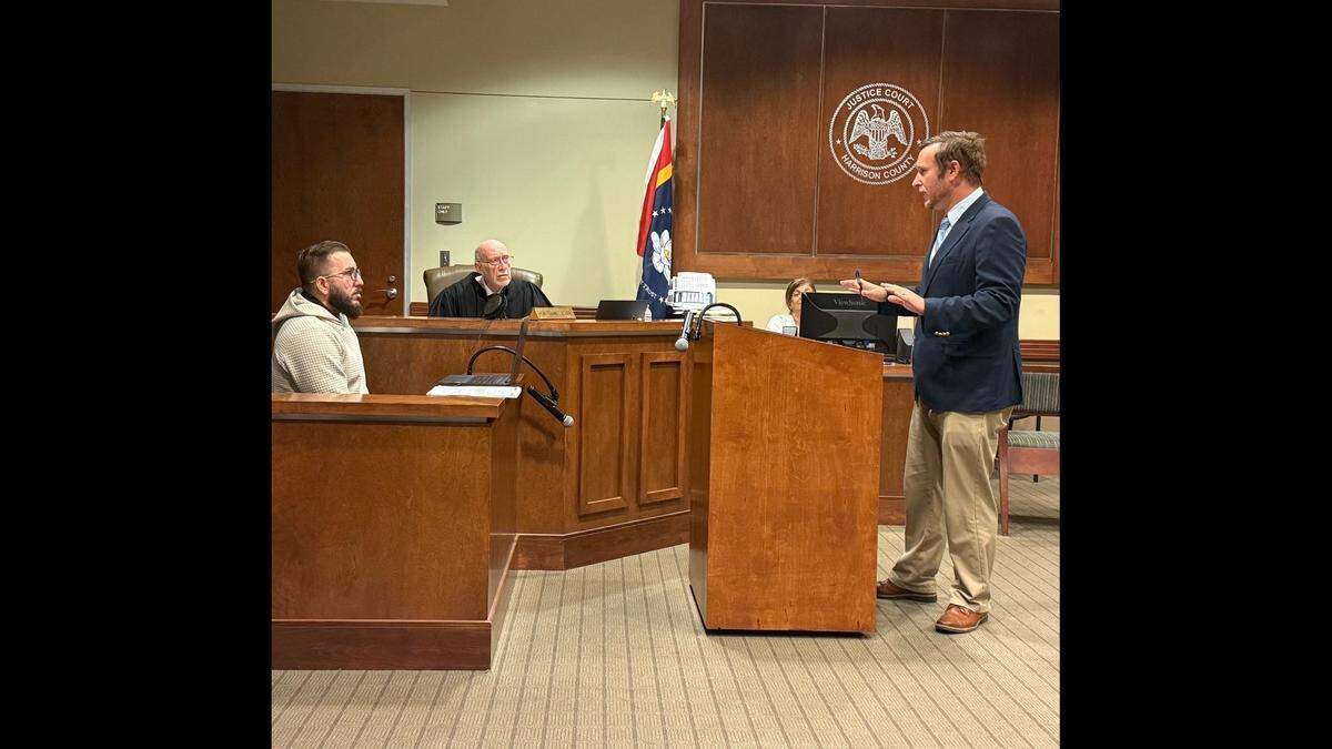 Defense Attorney Lee Russell questions Gulfport Police Det. Justin Clifton during a preliminary hearing in a human trafficking case before Judge Albert Fountain on Feb. 10, 2026.