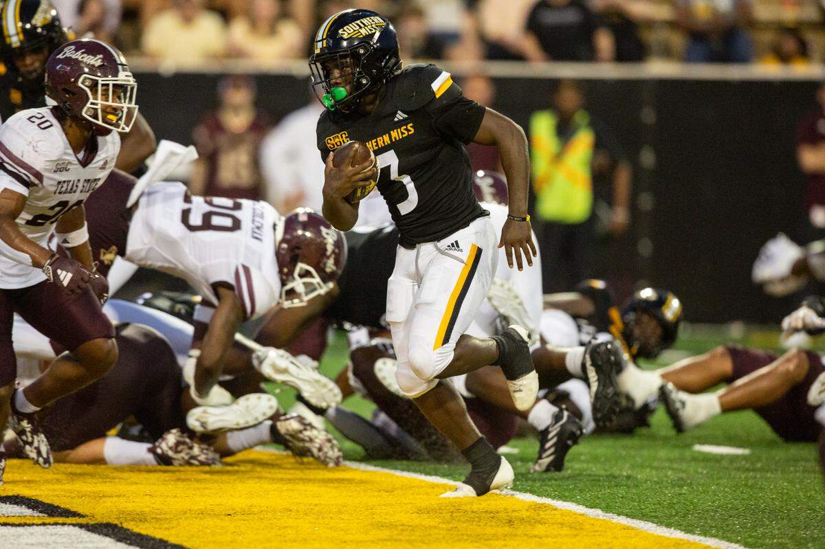 Southern Miss Golden Eagles running back Frank Gore Jr. (3) scores a touchdown during a game against Texas State at M.M. Roberts Stadium in Hattiesburg on Saturday, Sept. 30, 2023.
