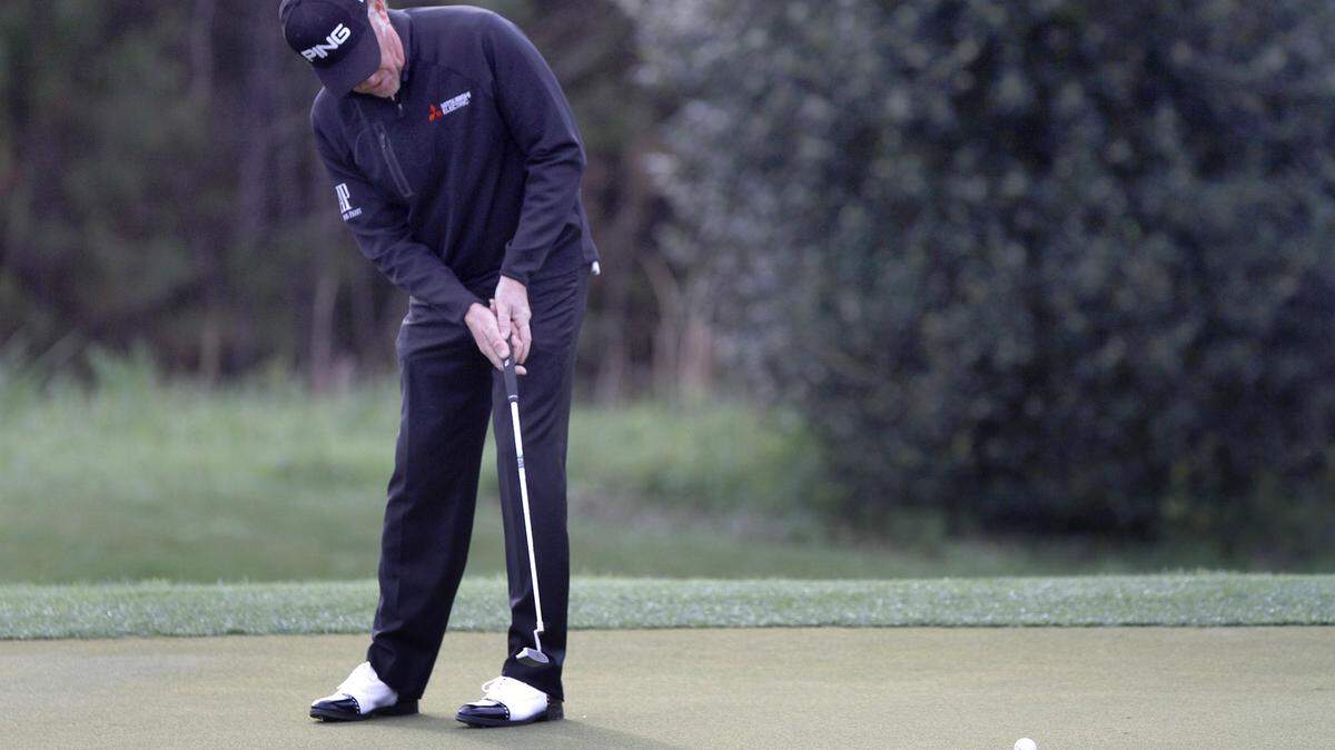 TIM ISBELL/SUN HERALD 
 Miguel Jimenez hits his putt on Hole #1 at the Mississippi Gulf Resort Classic at Fallen Oak, Saturday, Apr. 2, 2016.