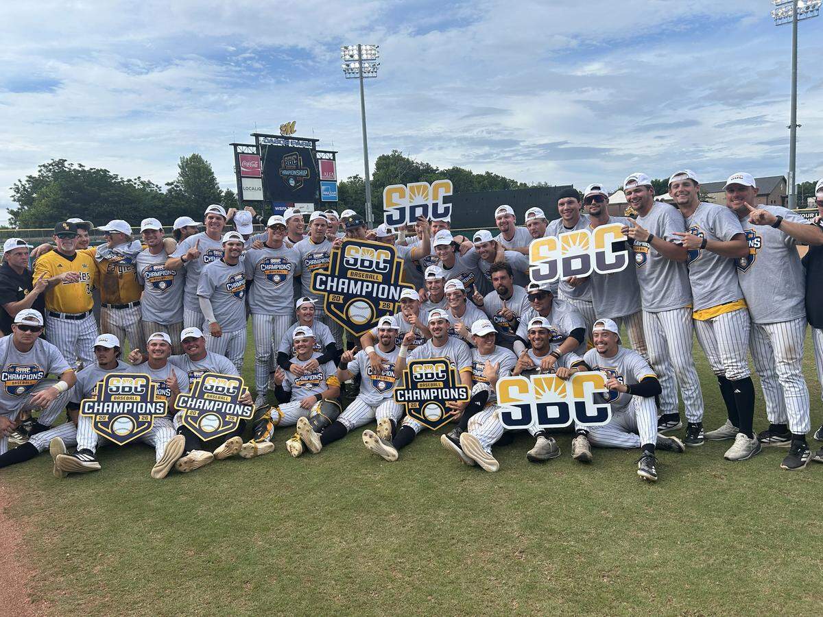 Southern Miss players celebrate Sunday, May 24, 2026, after capturing the Sun Belt baseball tournament championship.