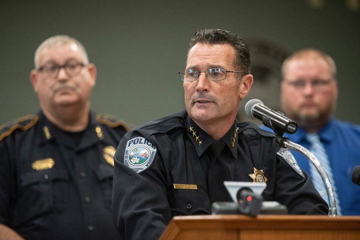 Bay St. Louis Police Chief Toby Schwartz reflects on the lives of two fallen police officers during a press conference at the Hancock County administration building in Bay St. Louis on Thursday, Dec. 15, 2022.