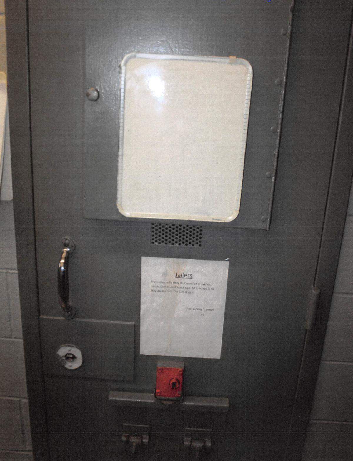 The door of the Benton County Jail cell where Sons was held