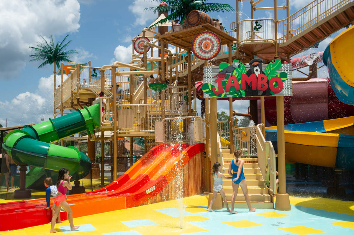 Two slides aimed at smaller children, Rino Rush and Parrott’s Plummett, at Serengeti Springs at the Hattiesburg Zoo on Wednesday, June 5, 2024.