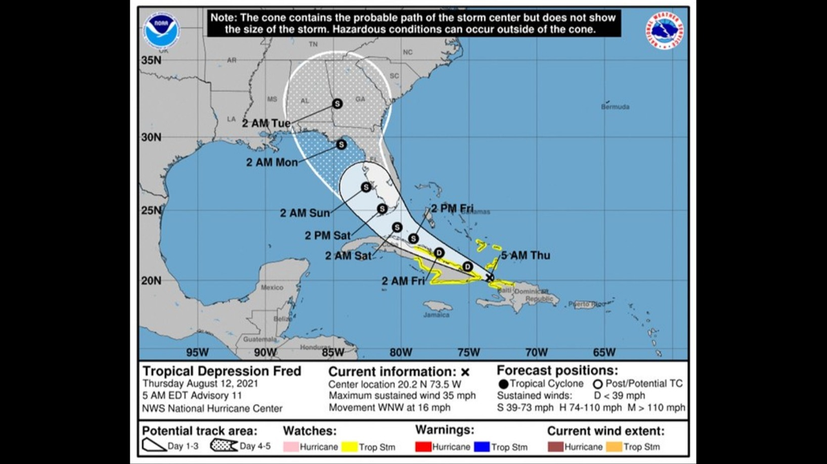 Tropical Depression Fred is moving west-northwest toward the U.S. and could reach the northern Gulf Coast by Sunday. Here’s the forecast track. 