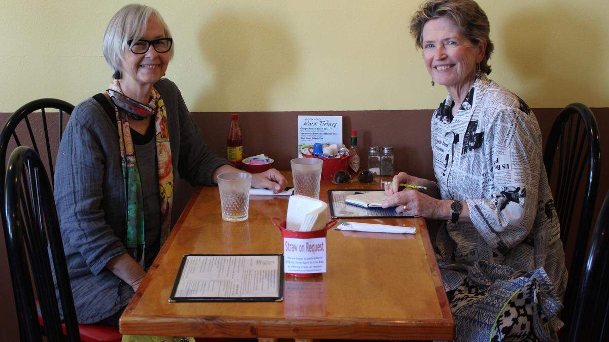 JEFF CLARK/SUN HERALD 
 Kerr Grabowski and Carole McKellar discuss their Plastic Free April movement at the Sunrise Cafe, one of several Bay St. Louis eateries that is participating in the Straw on Request campaign.