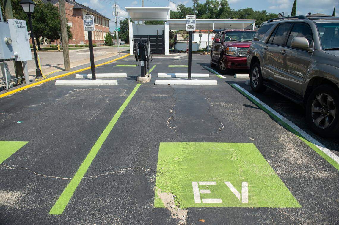 Complementary electric vehicle charging spots at The Bella, a boutique hotel in Biloxi, on Wednesday, Sept. 13, 2023.