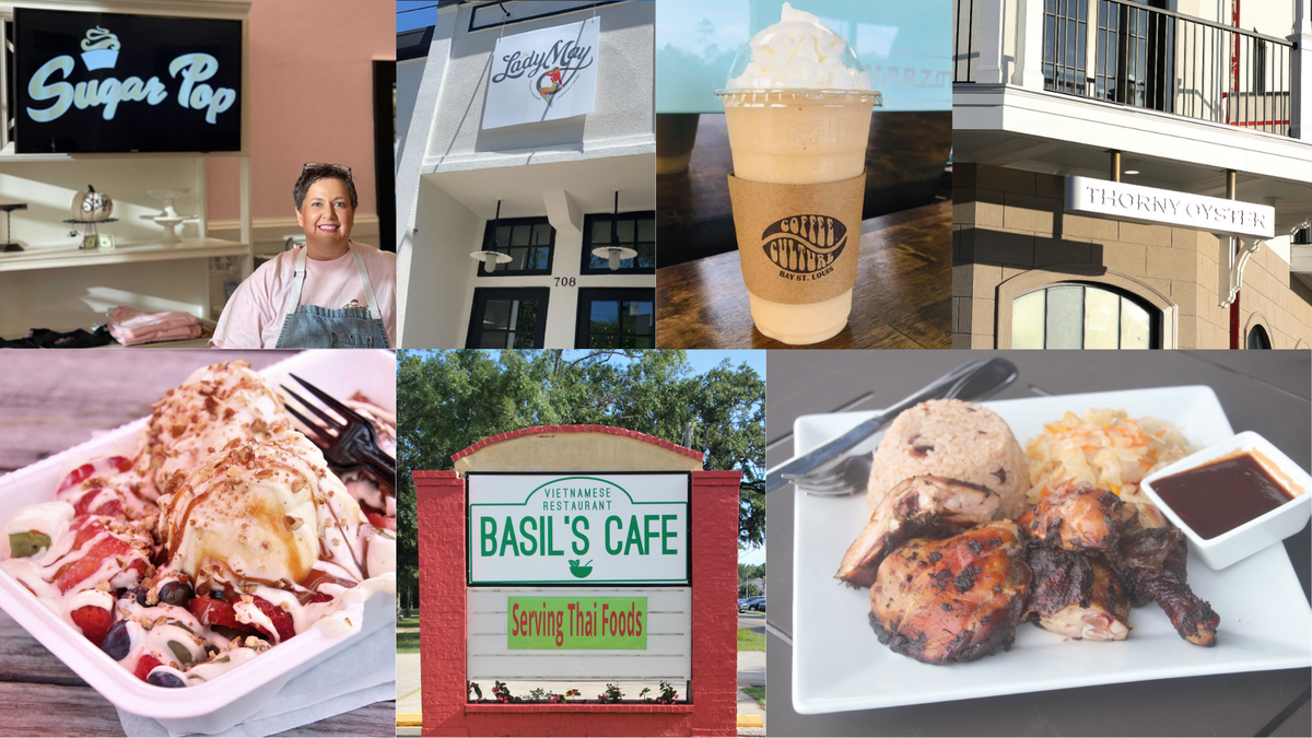 These are some of the best new restaurants on the Mississippi Coast. From left to right, starting top left: Sugar Pop Baking Company, Lady May, Coffee Culture, Thorny Oyster, The Scatch Kitchen, Basil’s Cafe, Bonfire.