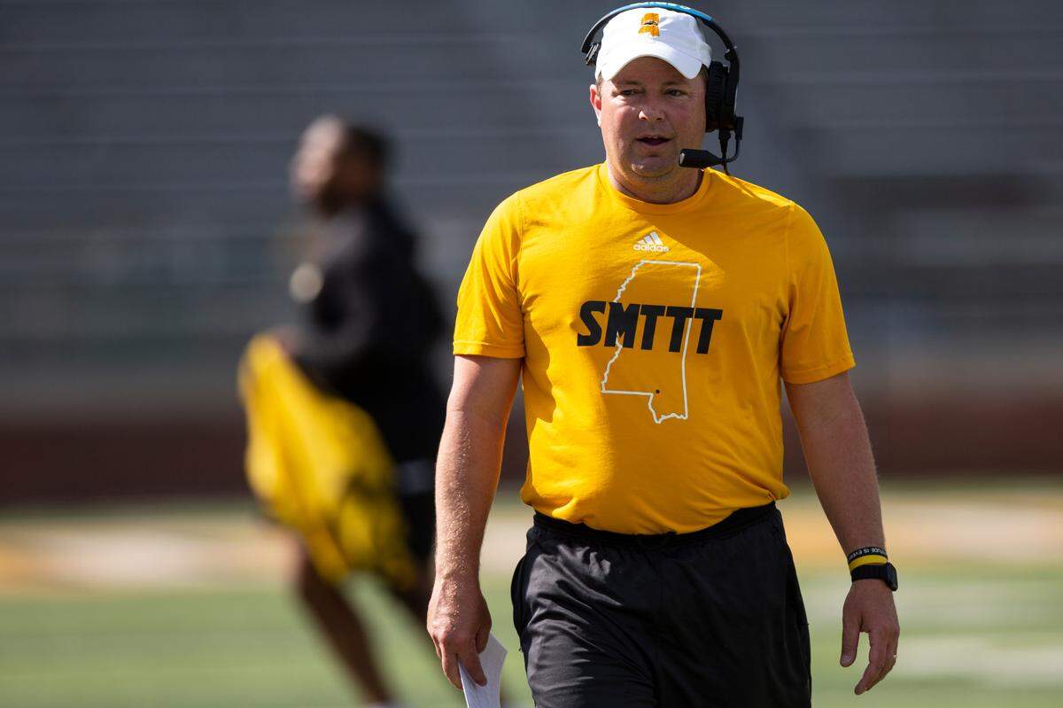 Southern Miss Coach Will Hall during a scrimmage at M.M. Roberts Stadium in Hattiesburg on Saturday, March 25, 2023.
