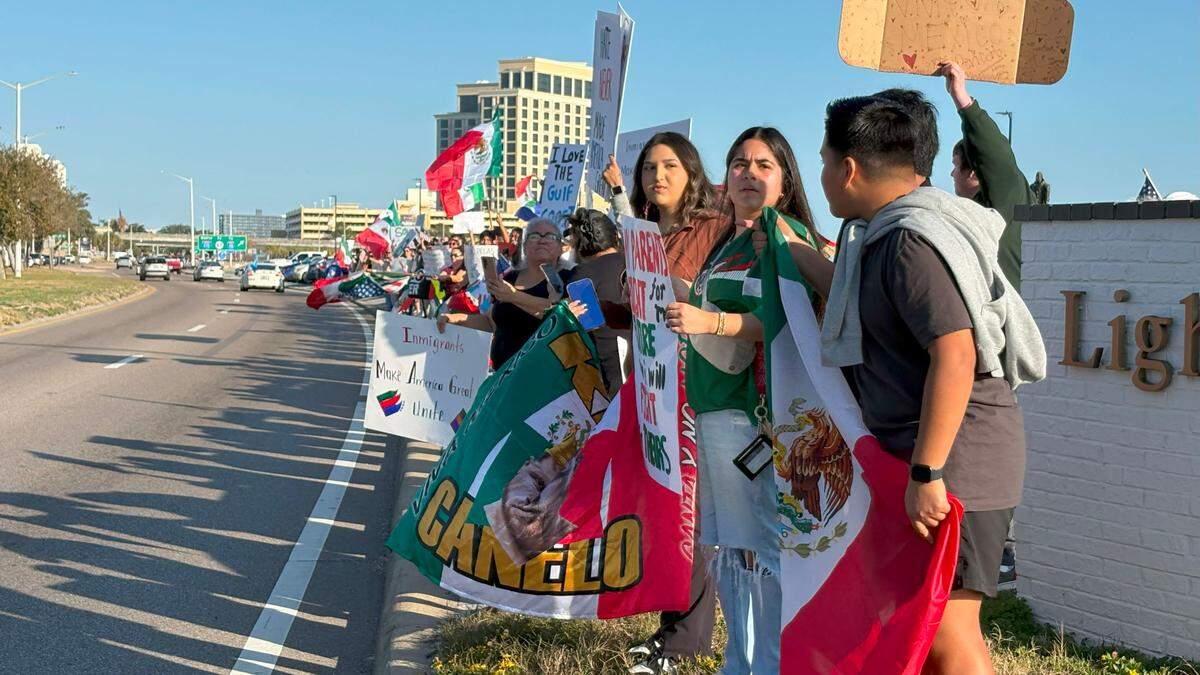 More than 200 people protested the immigration crackdown Monday, February 3, 2025, at Lighthouse Park in Biloxi.