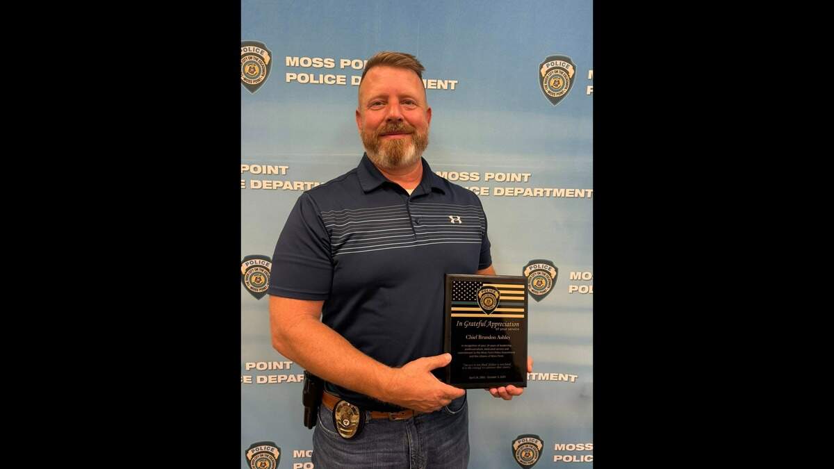 Moss Point police officers got together on Friday, Oct. 3, 2025, to honor former Police Chief Brandon Ashley on his last day on the job after 24 1/2 years of service in the city.