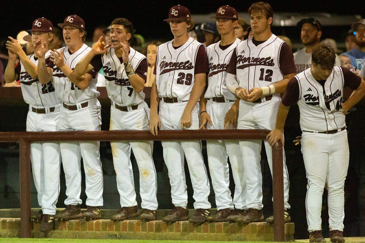 East Central cheers for their teammates in the 5A South State championship game at East Central High School in Hurley on Tuesday, May 23, 2023.