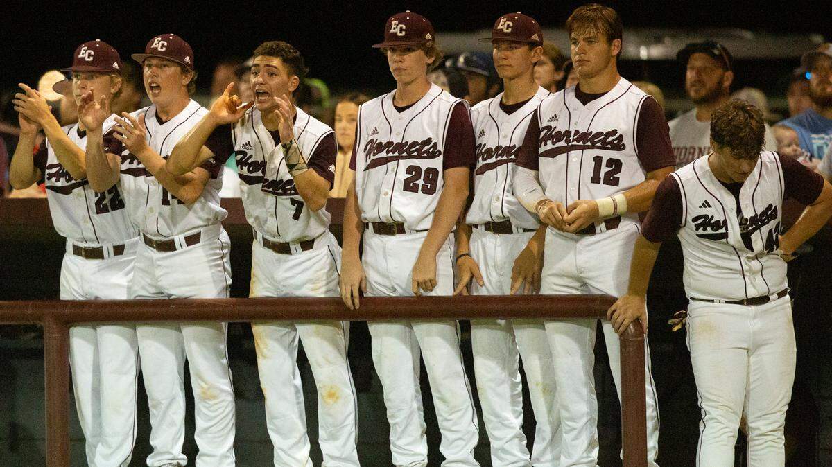 East Central cheers for their teammates in the 5A South State championship game at East Central High School in Hurley on Tuesday, May 23, 2023.