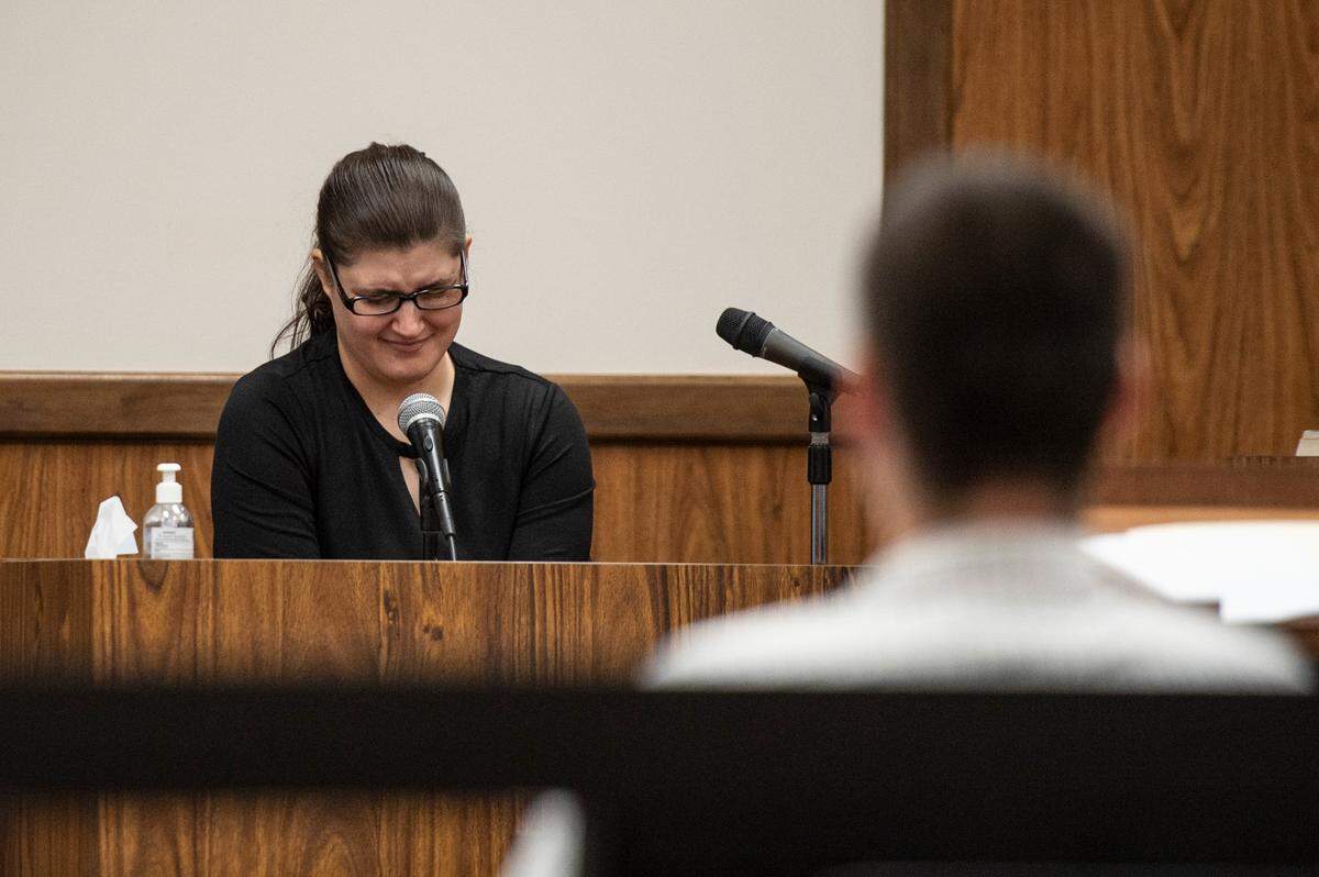 Jessica Lynn Smith tears up as she testifies about her son’s death during the murder trial of Byron Allen Ellison in Gulfport on Tuesday, March 29, 2022. Ellison is accused of killing his and Smith’s 2-month old son, Colton Wyatt Ellison.