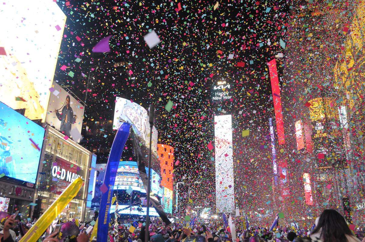 A crowd of revelers celebrate under falling confetti after the New Year’s Eve ball drop marked the start of 2024. Revelers from all around the world gather in Times Square, Manhattan, New York City to observe the New Year’s Eve ball drop, which comes an hour earlier than in South Mississippi.