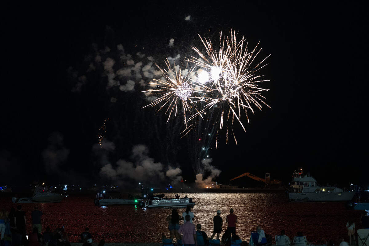 Fireworks are shot into the air during the annual firework show over the Biloxi Sound on Saturday, July 4, 2026.