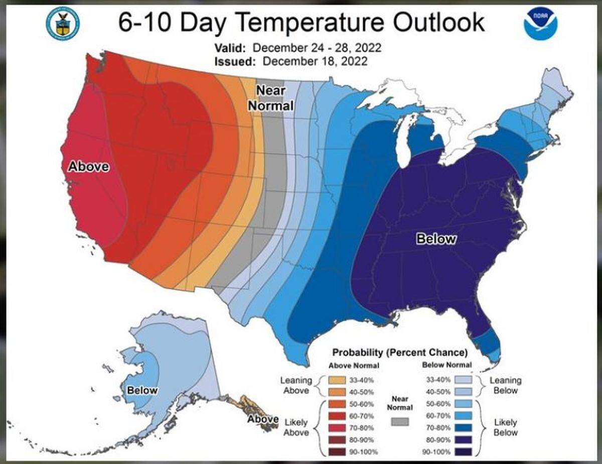 This graphic from the National Weather Service shows most of the U.S. will see colder than normal temperatures for Christmas week. A major snowstorm could be brewing, forecasters caution, and there is a slim chance South Mississippi could see snow flurries.