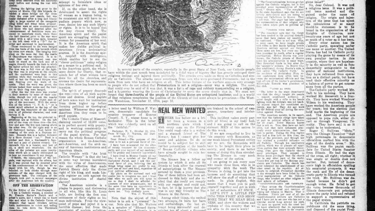 The Menace, a weekly anti-Catholic newspaper, screamed to readers about predatory priests, women enslaved in convents and a Roman Catholic plot to take over America. (Photo courtesy Library of Congress/TNS)