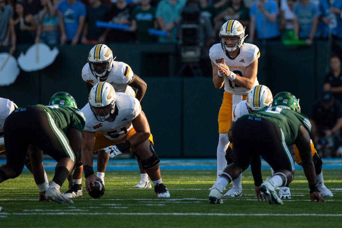Southern Miss Golden Eagles quarterback Zach Wilcke (12) prepares for the snap during a game against Tulane at Yulman Stadium in New Orleans on Saturday, Sept. 24, 2022.