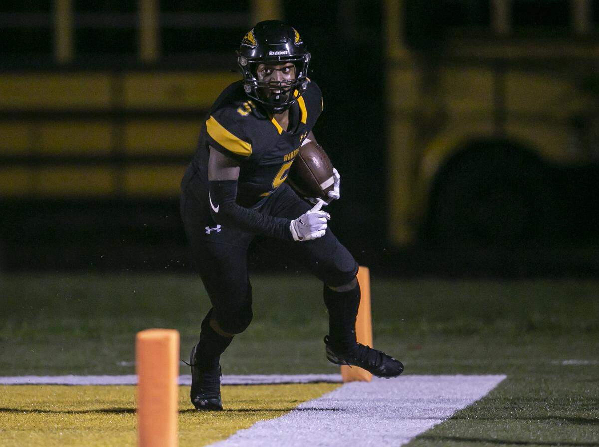 D’Iberville’s Caleb Williams celebrates in the end zone after making an interception and running into the endzone during the D’Iberville versus Picayune game at D’Iberville Stadium on Friday, Sept. 17, 2021. The touchdown did not count but the interception was successful.