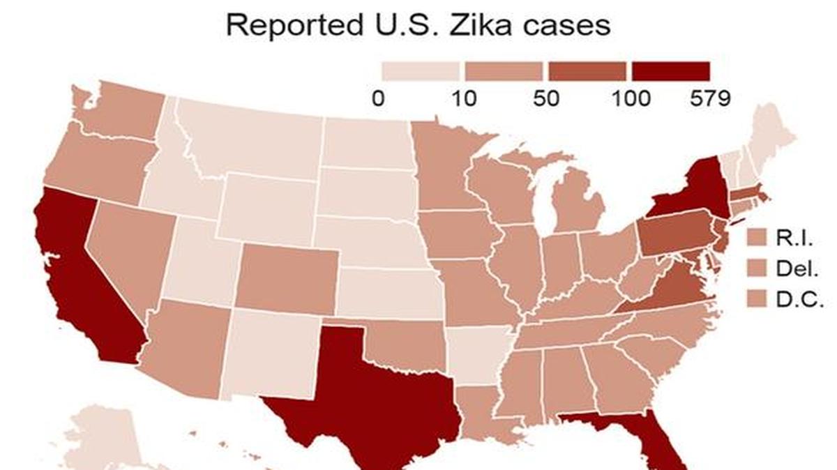Map locates active Zika transmission areas in Florida and shows Zika cases by state.