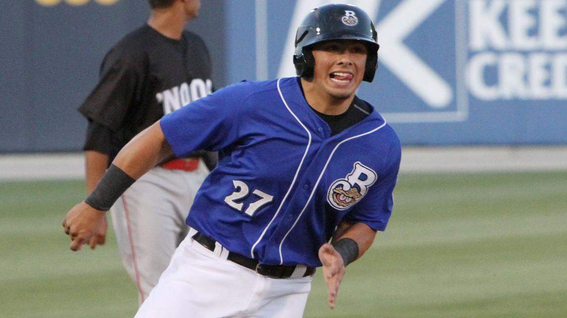 JOHN FITZHUGH/SUN HERALDBiloxi Shuckers catcher Jacob Nottingham comes around third to score in the first inning of their opening game of the season at MGM Park in Biloxi on Thursday April 7, 2016.