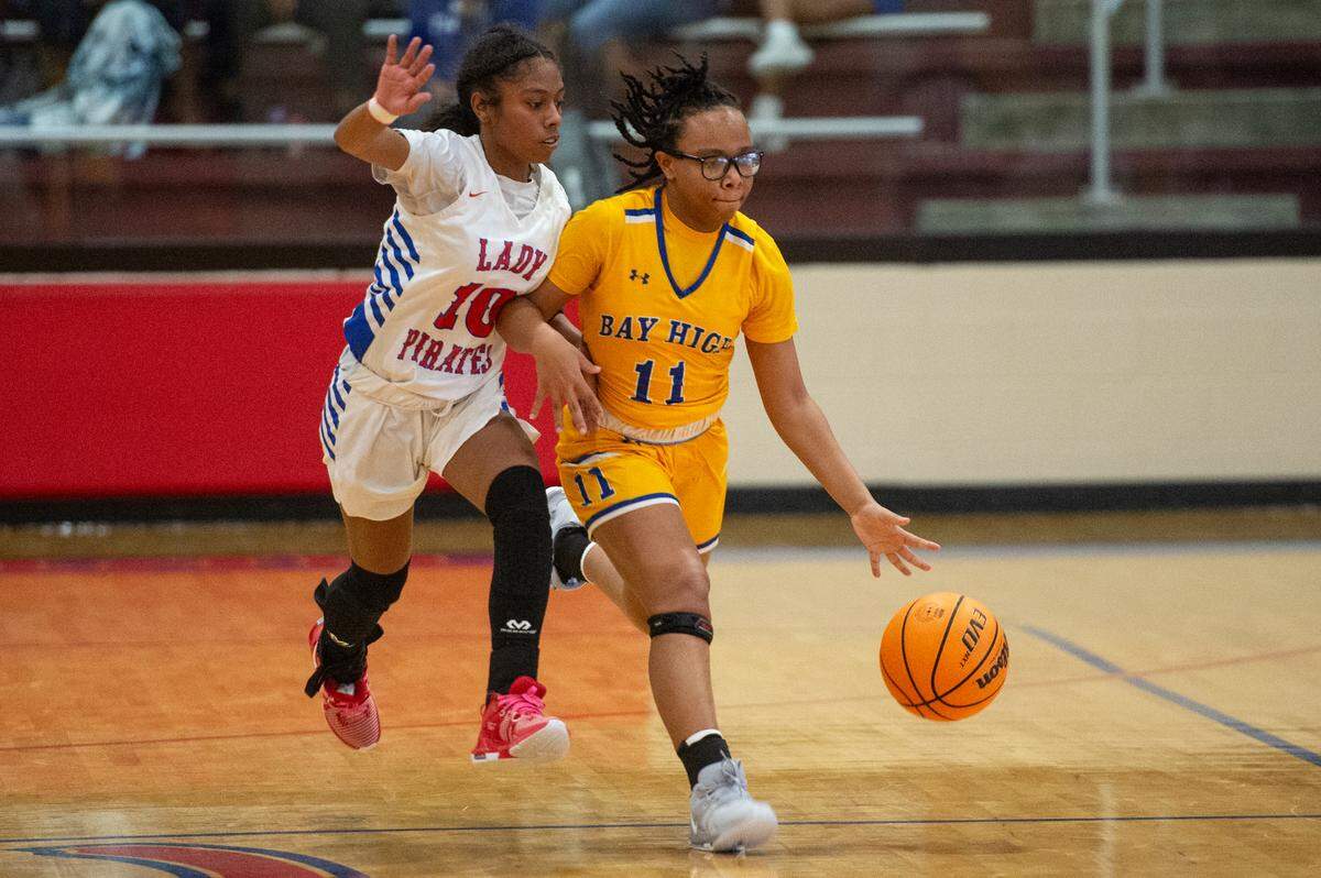 Bay High’s Taniya Lewis dribbles the ball down the court during a game against Pass Christian in Pass Christian on Tuesday, Jan. 23, 2024.