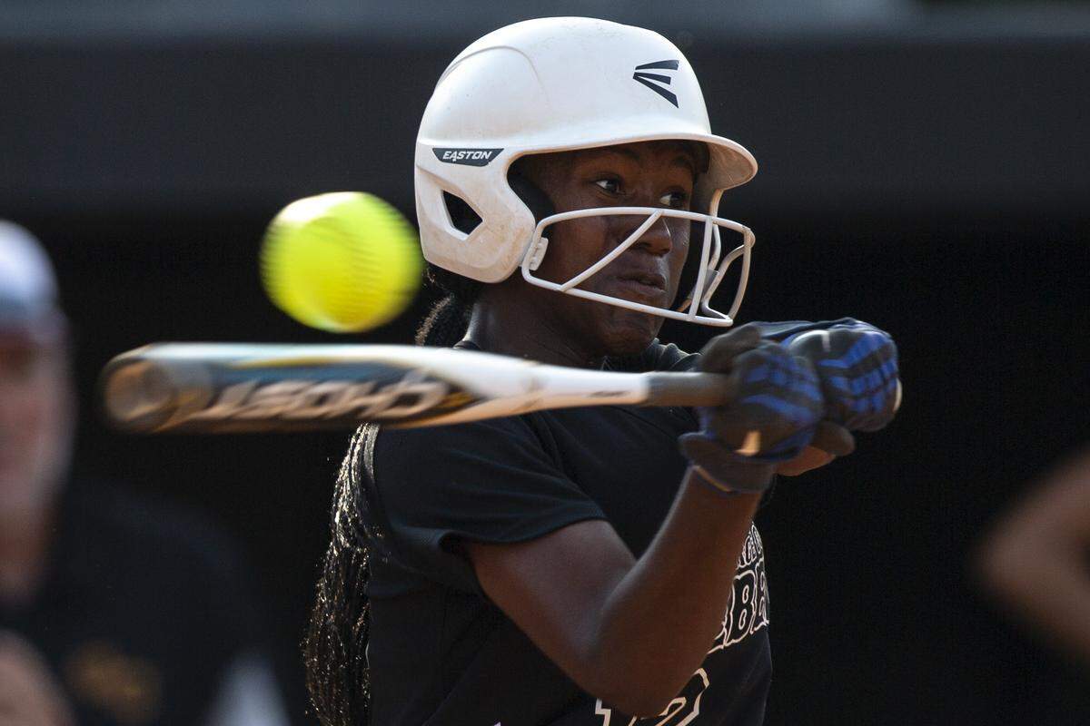 George County Lady Rebels’ Jordyn Bradley hits a pitch during the 5A 2023 MHSAA Softball Championship game at USM Softball Complex in Hattiesburg on Thursday, May 18, 2023.