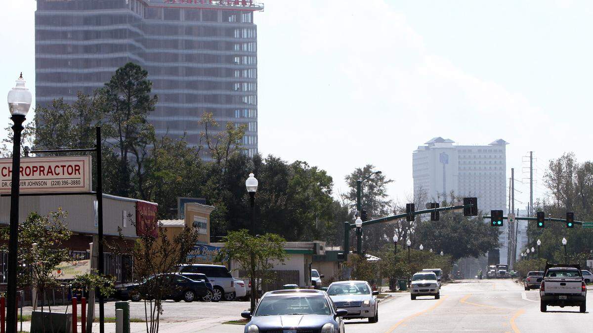 JOHN FITZHUGH/SUN HERALD 
 Scarlet Pearl Casino in D'Iberville, left, and IP Casino Resort in Biloxi can be seen from downtown D'Iberville in a photo taken November 5, 2015. The casino opened in December and helped push South Mississippi's casino revenue above $100 million for the first January since 2008.