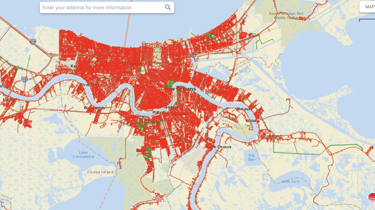 This Entergy power outage map shows all of Orleans Parish, greater New Orleans area without power during Hurricane Ida.