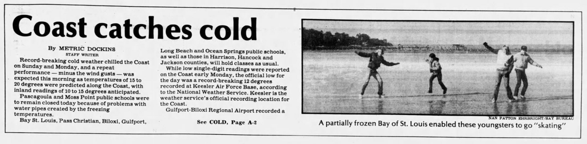An edition of The Sun from January 22, 1985, shows residents standing on a frozen edge of the Bay of St. Louis. The temperature hit 4 degrees on January 21 that year at the Gulfport-Biloxi International Airport, according to the National Weather Service.