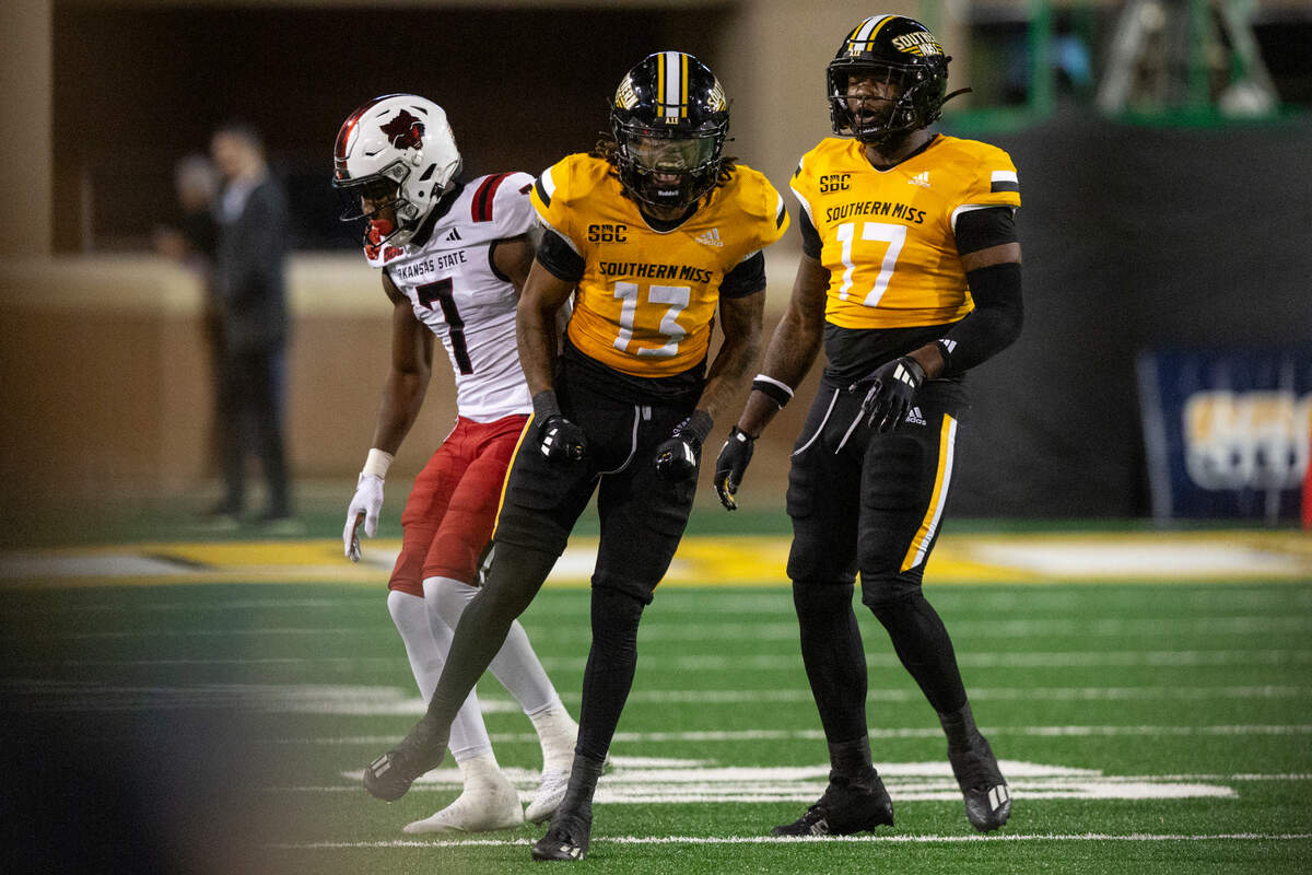 Southern Miss Golden Eagles defensive back Will James (13) reacts after a play during a game between Southern Miss and Arkansas State at M.M. Roberts Stadium in Hattiesburg on Saturday, Oct. 19, 2024.