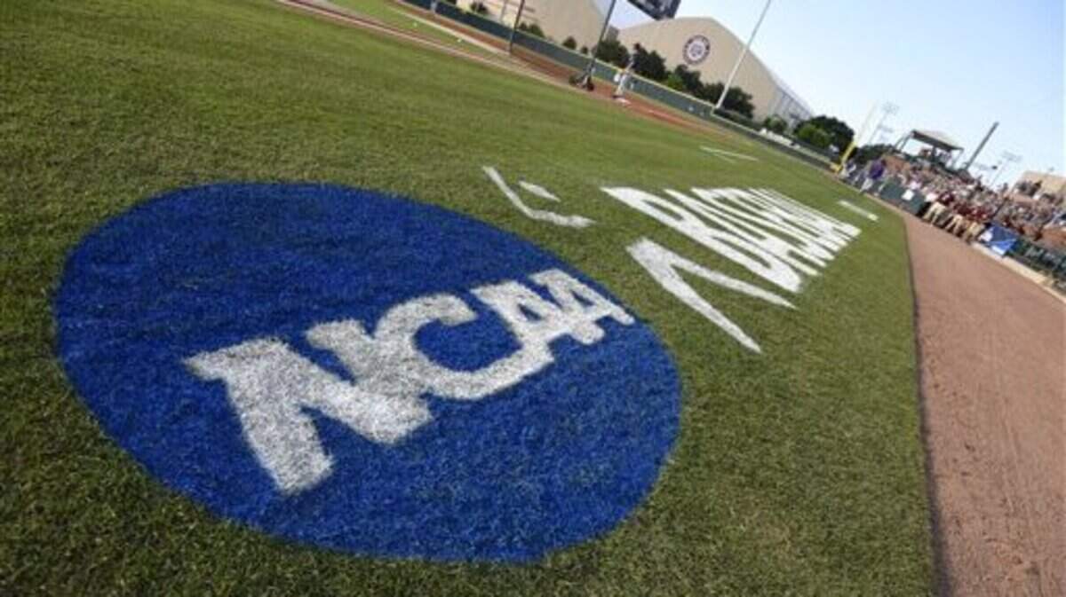 The NCAA logo is painted alongside the visitor dugout at Olsen Field before the start of a NCAA college baseball super regional tournament game between TCU and Texas A&M, Friday, June 10, 2016, in College Station, Texas. TCU won game one of the series 8-2.
