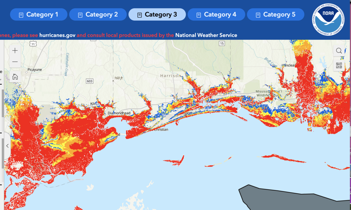The National Weather Service’s storm surge simulator shows storm surge predictions for the Mississippi Coast if a Category 3 hurricane were to make landfall.