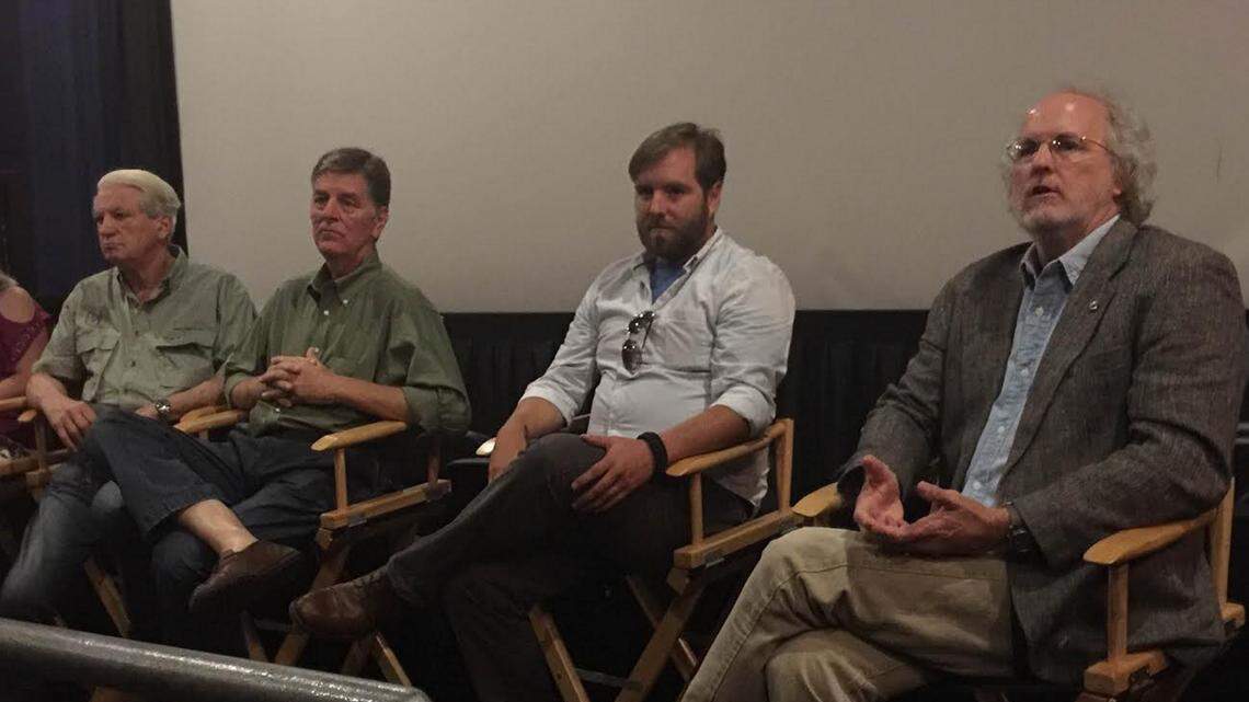 JEFF CLARK/SUN HERALD 
 Actor Marco St. John of Ocean Springs, left, Biloxi Mayor Andrew 'FoFo' Gilich, producer Kyle Bucher and Mississippi Film Commission Director Ward Emling are among the participants in a panel discussion on the state's film industry Saturday, June 11, 2016 at the Grand Theatre in D'Iberville.