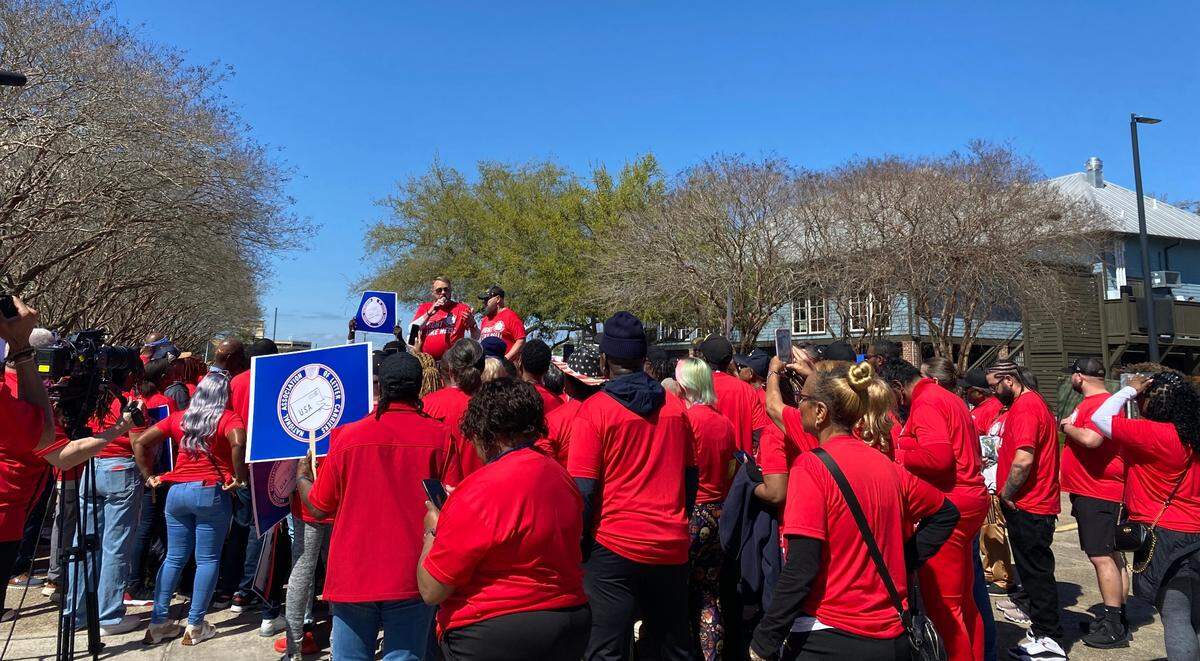 Brian Renfroe, president of the National Association of Letter Carriers, speaks at a rally on Wednesday March 12, 2024 in Biloxi to oppose suggestions that the U.S. Postal Service could be dismantled or privatized.