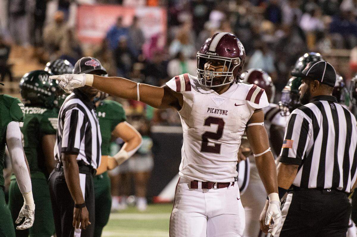 Picayune’s Dante Dowdell points after scoring during the 5A State Championship at M.M. Roberts Stadium in Hattiesburg on Friday, Dec. 2, 2022.