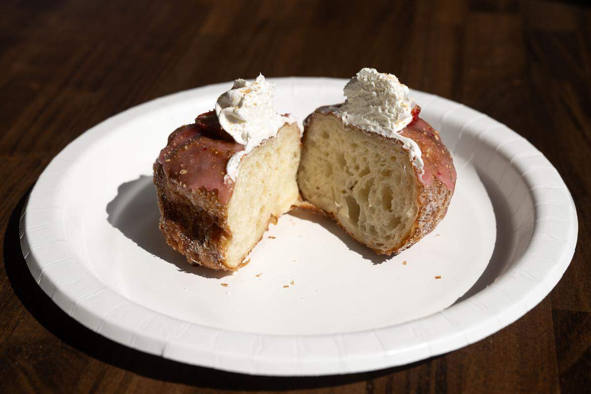 The inside of a strawberry shortcake doughnut at Parlor Doughnuts on Thursday, October. 16, 2025.