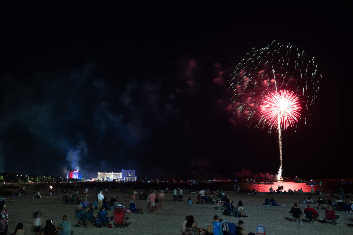 Fireworks are shot into the air during the annual show over the Mississippi Sound on Saturday, July 4, 2026.