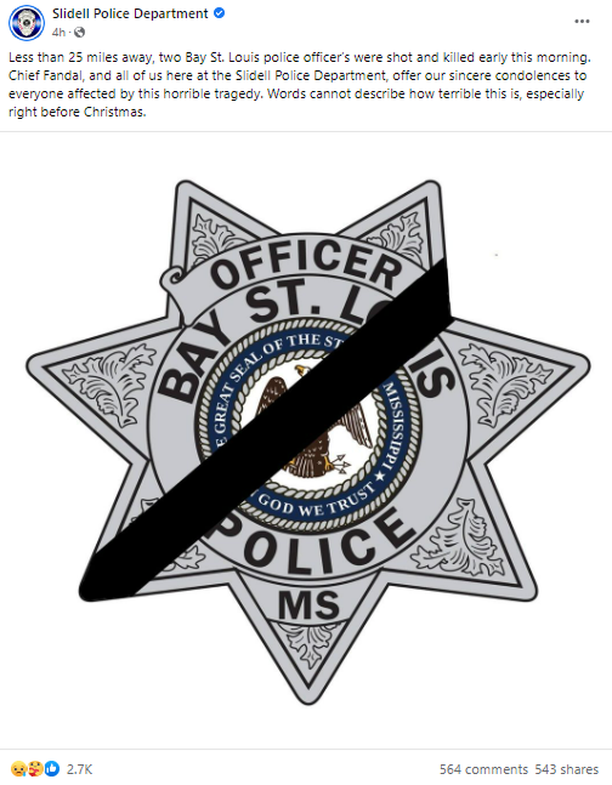 Slidell PD posts a tribute to Bay St. Louis officers killed on Facebook.
