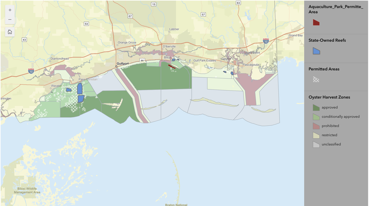 The above map shows oyster harvest areas in the Mississippi Sound. The most productive reefs are off the shores of Pass Christian in the Western Sound.
