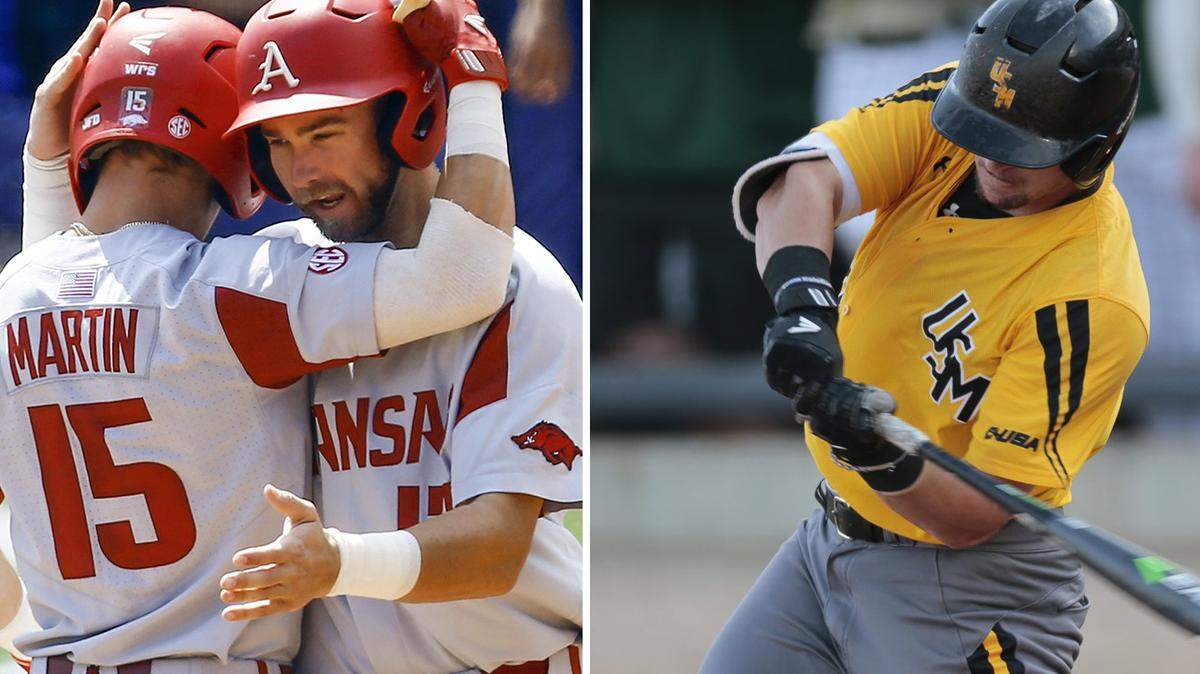 Arkansas' Casey Martin (15) celebrates with Luke Bonfield (17), left, during the Southeastern Conference tournament. Matthew Guidry singles during Conference USA action. 