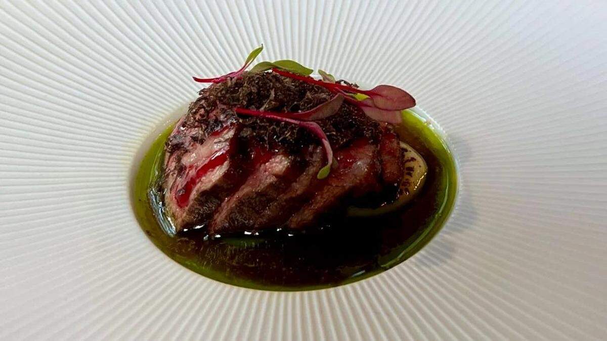 Japanese A5 Wagyu beef with black truffle and green garlic oil on the tasting menu at Vestige restaurant in Ocean Springs.