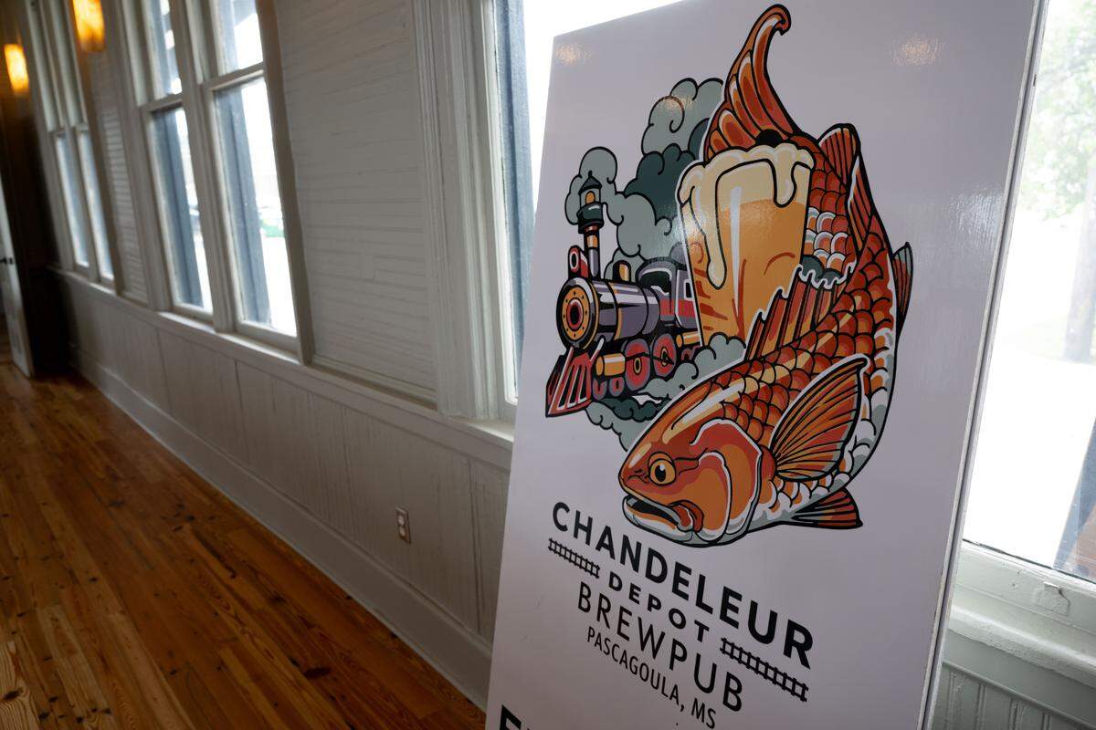 The sign for Chandeleur Depot Brewpub in Pascagoula.