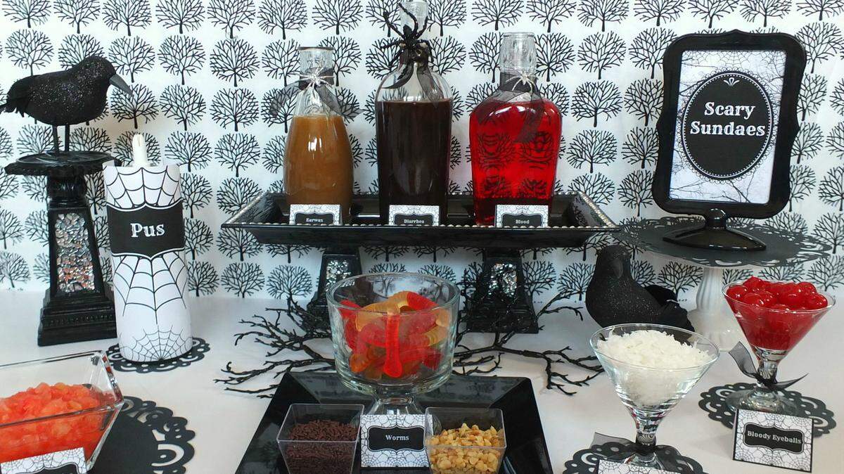COURTESY PARTYPINCHING.COMComprised of items you can get at any grocery store, the sundae bar is a buffet of tasty items presented as less-than-desirable one. Strawberry sauce for blood, caramel sauce for earwax and crushed pineapple with a bit of red food coloring for brains are a few examples.