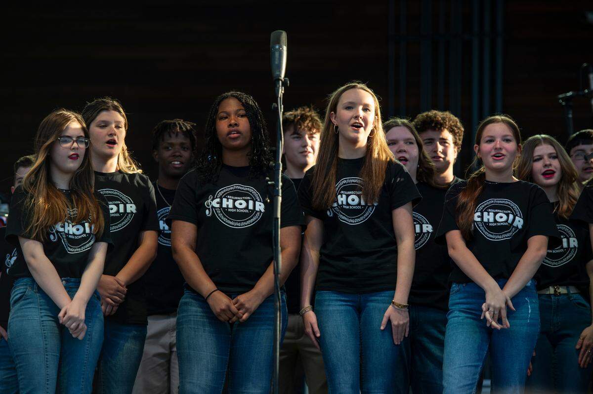 The Resurrection High School choir performs during a ribbon cutting ceremony at The Sound Amphitheater in Gautier prior to KC and The Sunshine Band’s performance on Friday, April 12, 2024.