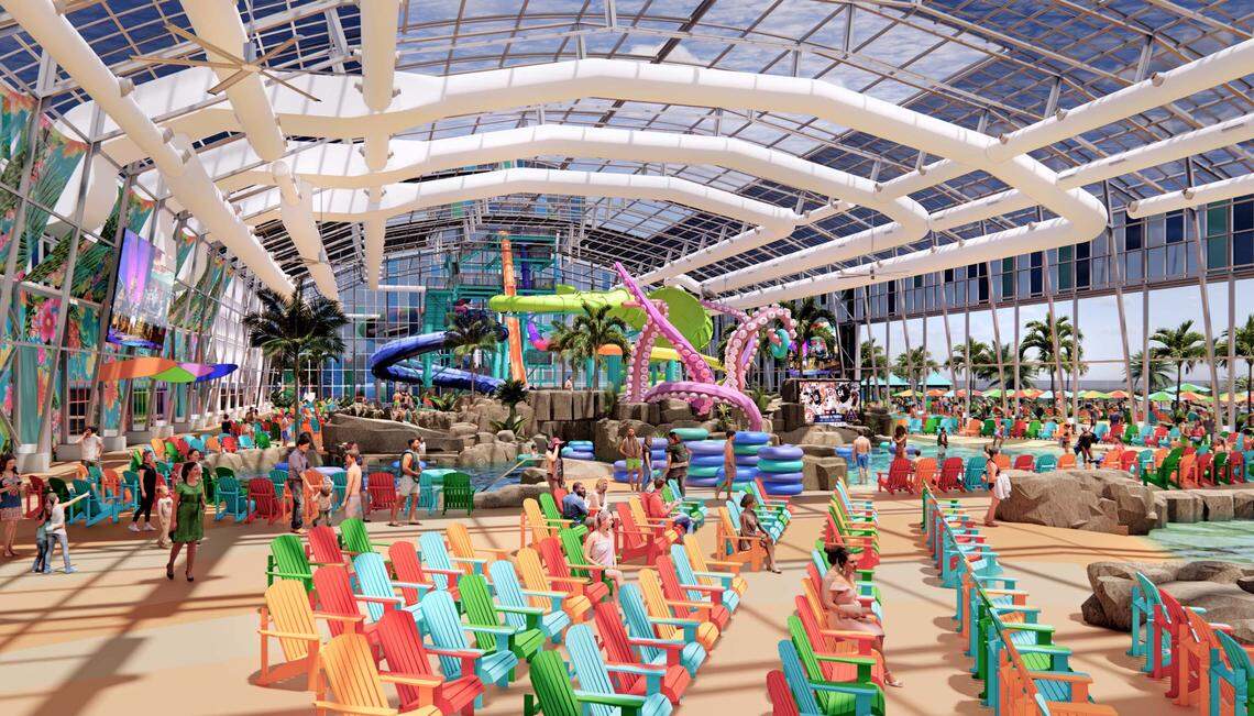 A rendering shows the pool deck area of the future water park at Tropic Falls in Foley, Alabama. Colorful Adirondack chairs line the different pool areas.