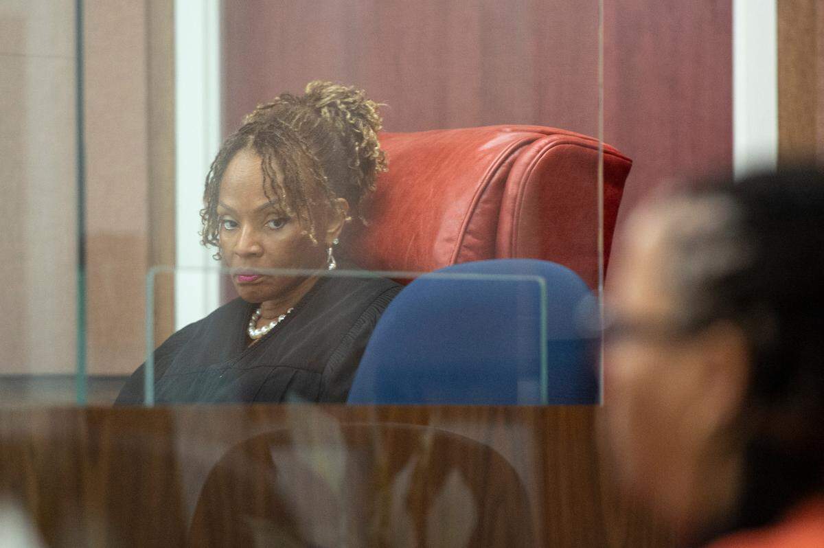 Judge Robin Midcalf presides over a probable cause hearing for Denilson Marcus Elligson at Harrison County Court in Gulfport on Tuesday, June 25, 2024. Elligson is accused of capital murder in his son’s death.